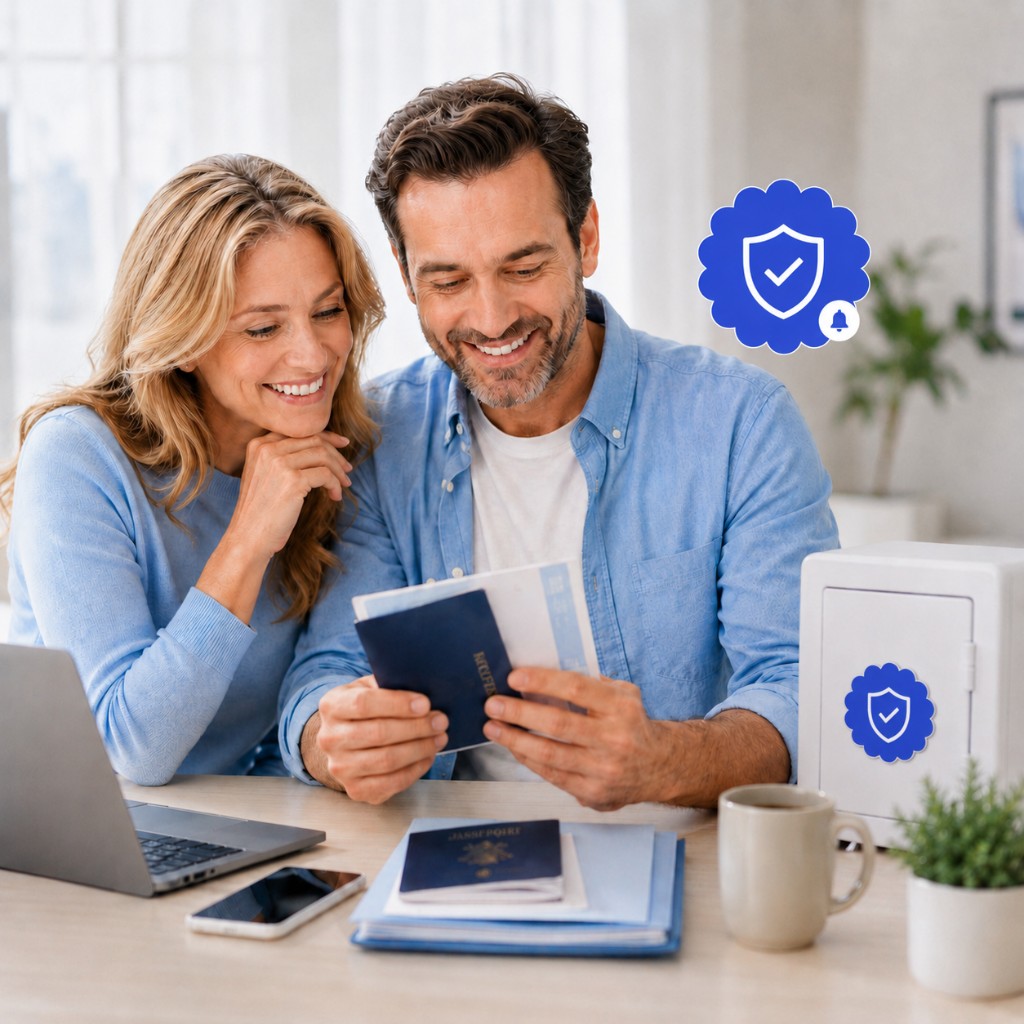 Couple reviewing passports and travel documents at home